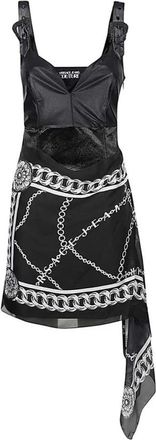 Versace Jeans Couture Chenille Logo Print Jurk - Dames - Korte kleedjes - Zwart - M - Polyester - Kleedjes