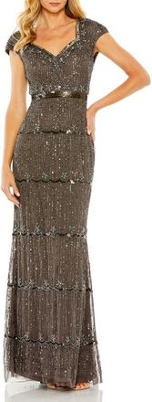 Mac Duggal Cap Sleeve Embellished Column Gown in Charcoal at Nordstrom, Size 14
