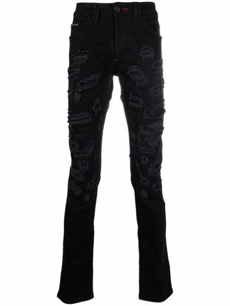 Philipp Plein super-straight destroyed jeans - men - Cotton/Cotton/Polyester/Elastane - 29 - Black