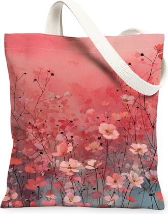 Generic Floral Canvas Tote Bags, Peach Flower Design Reusable Grocery Bags, Spring Vintage Lightweight Washable Shoulder Strap Canv, Peach, 13x15 Inch