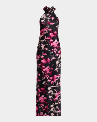 Ramy Brook Tatiana Floral-Print Halter Column Gown