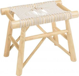 Macabane Taburete de ramas de madera de teca y macramé blanco