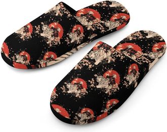 Generic Japanese Woman Red Sun Tiger Cherries Flannel Mens Slip-on Slippers Winter Warm House Shoes with Rubber Sole for Home Hotel