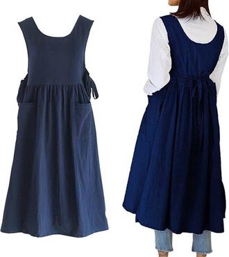 OEM 1 Delantal De Mujer, Modelo Largo, 110 Cm De Largo, Dos Bolsillos, Estilo Vintage, Arreglos Florales, Panader&iacute;a, Cafeter&iacute;a, Etc, Azul