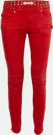 Balmain Red Denim Studded Slim Fit Jeans M/waist