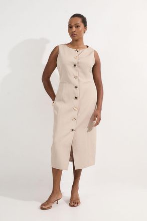 Karen Millen Womens Plus Size Viscose Linen Tailored Statement Button Front Pencil Midi Dress - Champagne - Size 22 UK