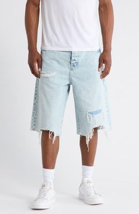 Purple Blowout Patched Raw Hem Denim Shorts in Light Indigo at Nordstrom, Size 38