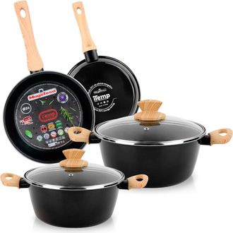 Magefesa Magefesa Orbe Bater&iacute;a Cocina Inducci&oacute;n 6 Piezas, Antiadherente Libre Pfoa, Exterior Negro Asas Efecto Madera Negro