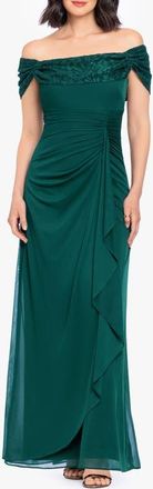 Betsy & Adam Glitter Lace Off the Shoulder Gown in Pine at Nordstrom, Size 10