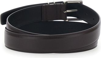 Saint Laurent Mens Belt Cassandre Plate Brown Leather Calf
