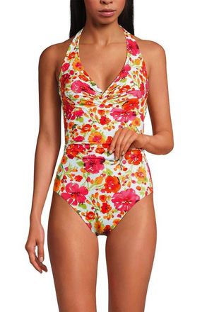 Lands End Knot Twist Halter One Piece in Multi Painted Blooms/white at Nordstrom, Size 16