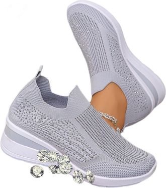Generic Breathable Rhinestone Embellished Orthopedic Sneakers, Mesh Slip-On Wedge Sneakers, Glitter Tennis Shoes for Walking Wedding and Daily Wear (7.5,Gray)