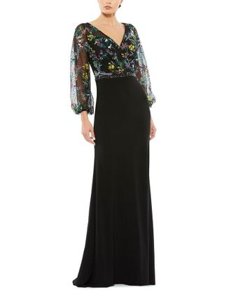 Mac Duggal Embroidered Illusion Puff Sleeve Gown