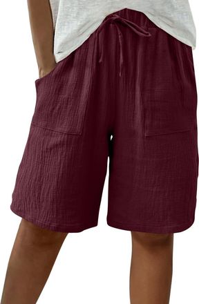 Generic Linen Shorts for Women UK Summer Knee Length Bermuda Shorts Baggy Straight Wide Leg Ladies Short Pants Casual Drawstring Beach Tracksuit Bottoms with 