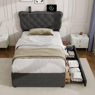 Merax 3ft Single Tufted Upholstered Bed with Charging Station, 2 Drawers in Dark Grey