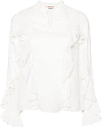 Twinset Elegante Blauwe Kant Lange Mouw Shirt - Dames - Blouses - Beige - M - Nylon - Overhemden