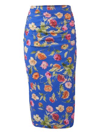 Carolina Herrera Poppy-print ruched midi skirt - Blue
