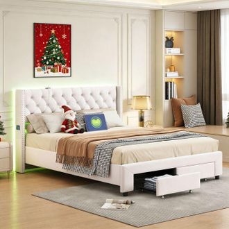 OEM Cama Doble 140x190 - Pocketpop - Usb Y Led - Terciopelo Blanco Roto - 2 Cajones