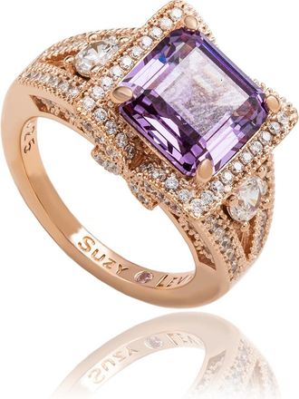 Suzy Levian Rose Sterling Silver Purple Square Ascher Cut Cubic Zirconia Engagement Ring