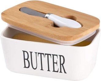 OEM Mantequera De Cer&aacute;mica Tapa Madera, Soporte Grande Mantequera Esp&aacute;tula Acero Inoxidable, Tapa Bamb&uacute; Anillo Sellado Silicona Costa Oeste, Blanco