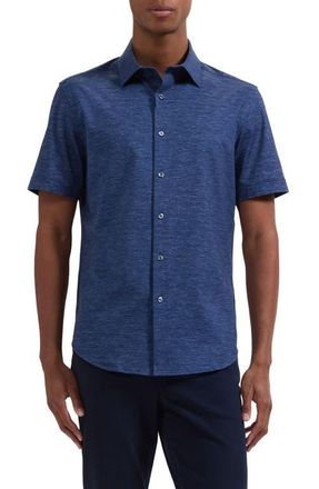 Bugatchi Miles OoohCotton Space Dye Short Sleeve Button-Up Shirt in Navy at Nordstrom, Size Xxx-Large