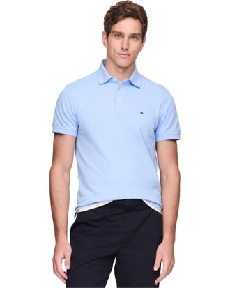 Tommy Hilfiger Mens Short Sleeve Polo Shirts in Regular Fit with Stretch and Organic Pique Cotton, Vessel Blue, S