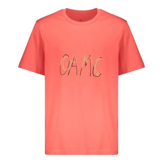 OAMC Oamc, Tops, Heren, Rood, M, Katoen, Geribbeld katoenen T-shirt met voorlogo