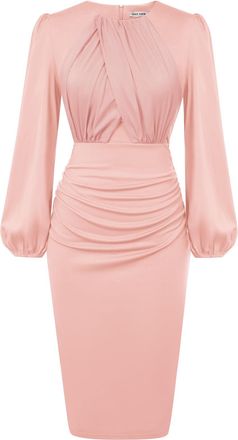 Grace Karin Womens Elegant Round Neck Dress Gathered Long Sleeve Party Dress Wrap Dress Light Pink XL