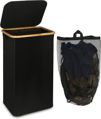 Gabrielle Cesta Grande Para La Colada Con Tapa, 100 L, Con Asas De Bamb&uacute;, Plegable, Con Bolsa Interior, Color Negro