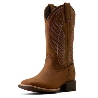 Ariat Womens Round Up Waterproof Wide Square Toe Western Boots in Reliable Brown Leather, B Medium Width, Size 3.5, by Ariat