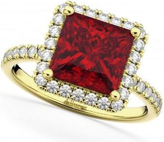 Allurez Princess Cut Halo Ruby & Diamond Engagement Ring 14K Yellow Gold 3.47ct