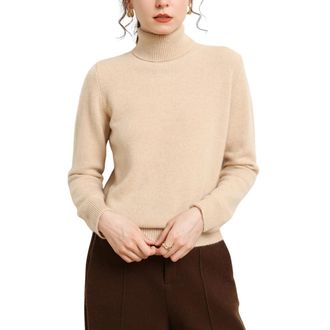 Dissa Women Cashmere Jumper Beige Roll Neck Knitted Jumper Long Sleeve Relaxed Cashmere Wool Thick Solid Color Ladies Sweater,UK 8,MZ2433