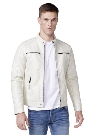Kor&ouml;shi Ecru Mens Long Sleeve Leather Look Jacket with Round Neck and Zip Front Closure, white, M