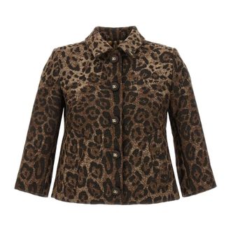 Dolce & Gabbana Light Jackets, female, Multicolor, L, Wool Jacquard Jacket with Leopard Design