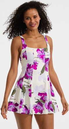 Lands End Square Neck Corset Seamed Swim Dress in Egret/berry Etched Floral at Nordstrom, Size 10
