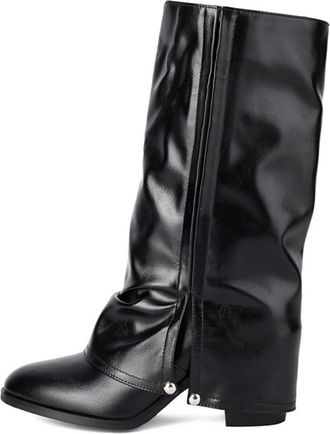 Generic Womens High-Tube Slouch Boots PU Leather Side Split And Metal Studs Retro Round Toe Design For Daily Streetwear Weekend Gathering,Black,5.5 UK