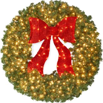 Best Choice Products Artificial Pre-Lit Fir Christmas Wreath D&eacute;cor w/ Red Bow, LED Lights, Tips, Plug-In