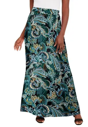 Jessica London Everyday Stretch Knit Maxi Skirt in Frost Teal Paisley at Nordstrom, Size 12