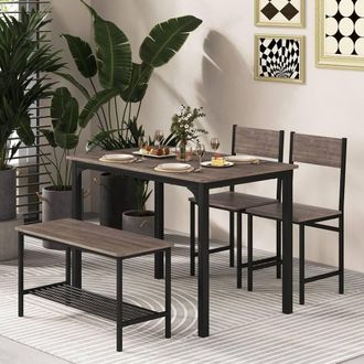 Costway Costway 4-Piece Dining Table Set Kitchen Table with 2 Chairs & a Bench in Grey