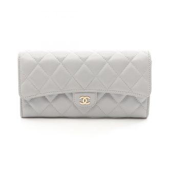 Chanel Gray Leather Long Wallet (Bi-Fold) (Pre-Owned)