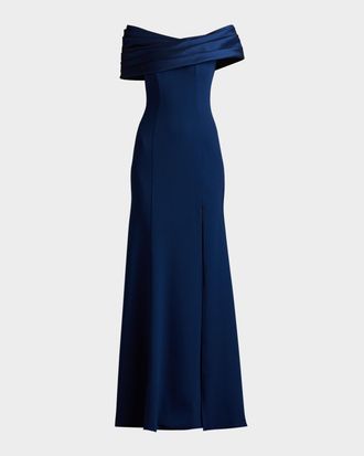 Tadashi Shoji Off-Shoulder A-Line Crepe & Taffeta Gown