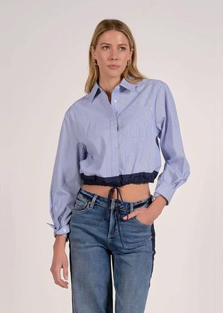 Elan Lana Cinched Button Down Top In Blue Stripe