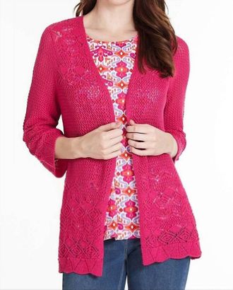 Multiples Scallop Edge Crochet Sweater Cardigan In Fuschia
