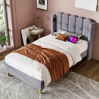 Merax Upholstered Bed with Type-C & USB Charging Ports Headboard in Grey | Size: Double