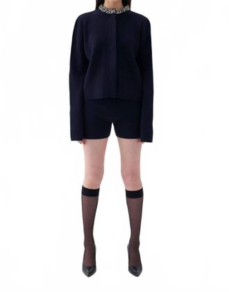 Nocturne Shiny Stone Collar Knit Cardigan In Black