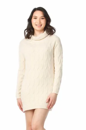 Papillon Cable Knit Cowl Neck Sweater Dress In Cream