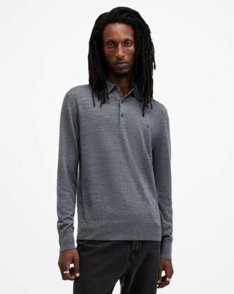 AllSaints Wool Mode Merino Long Sleeve Ramskull Polo Shirt, Size: XS