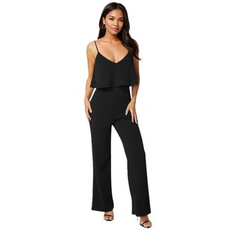 Bebe Womens Ruffle One-shoulder Wide-leg Jumpsuit