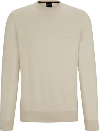 HUGO BOSS Hugo, Round-neck Knitwear, male, Beige, Size: 2XL Embroidered Cotton Sweater with Logo