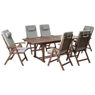 Beliani Conjunto De Comedor Exterior R&uacute;stico 6 Plazas Mesa Extensible Sillas Reclinables Madera Acacia Oscura Con Cojines Gris Jaspeado Amantea Premium